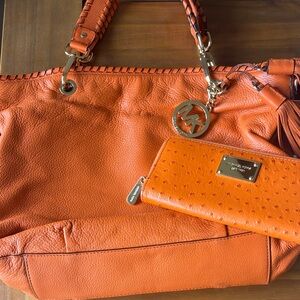Michael Kors Orange Leather Tote with Matching Wallet Set